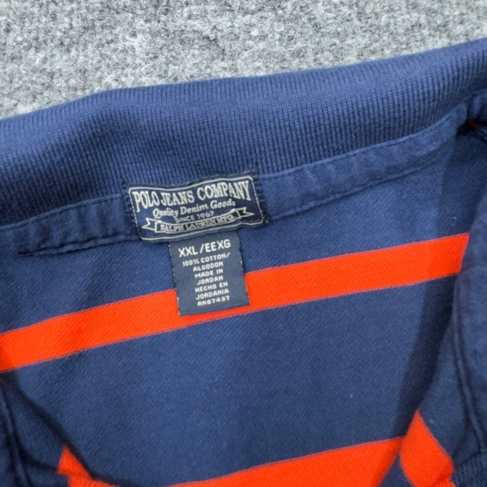 Vintage Polo Jeans Company Shirt Mens 2XL Blue Striped Pique USA Flag Logo 90s
